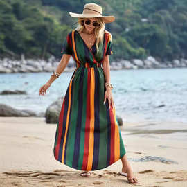 2026跨境外贸夏季新款女装彩色条纹印花v字领短袖松紧腰连衣裙长