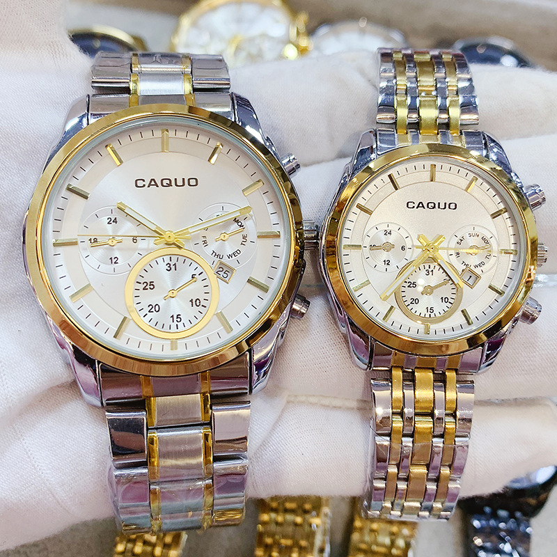 Caquo Trendy Men's Waterproof Watch Women's Couple's Calendar Fashion Trend Steel Band Watch Export Cross-Border