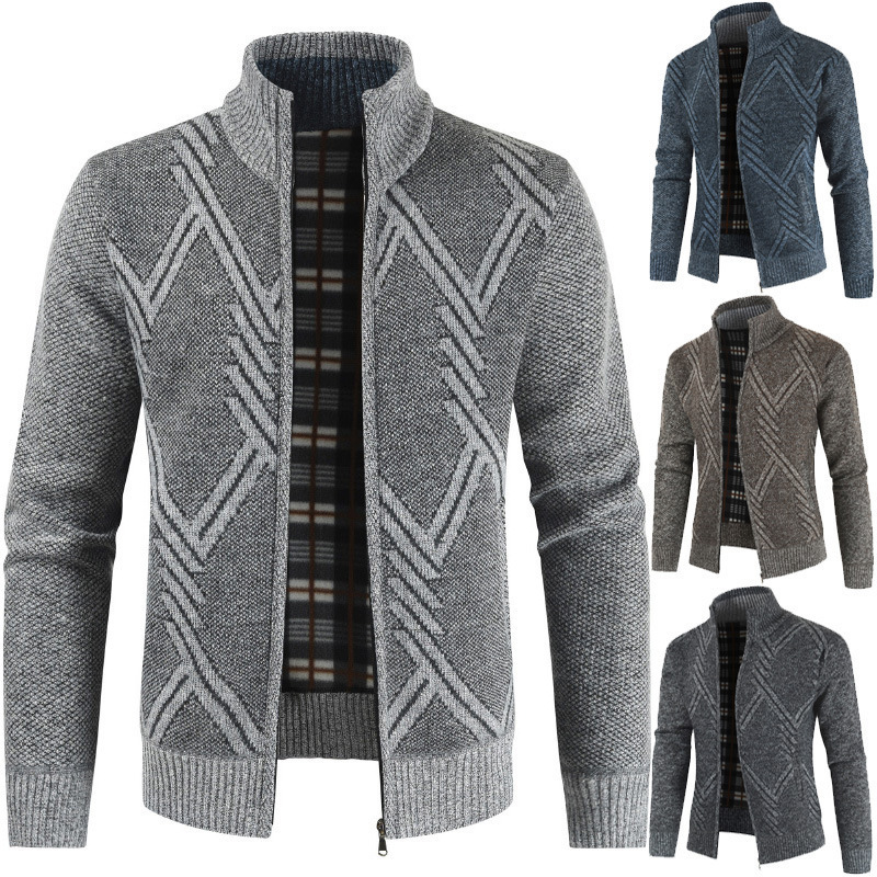 Autumn and Winter New Geometric Pattern Printed Stand-Up Collar Cardigan Casual Sweater Men's Fleece-Lined Thickened Long-Sleeved Outer Jacket Autumn and Winter New Geometric Pattern Printed Stand-Up Collar Cardigan Casual Sweater Men's Fleece-Lined Thickened Long-Sleeved Outer Jacket