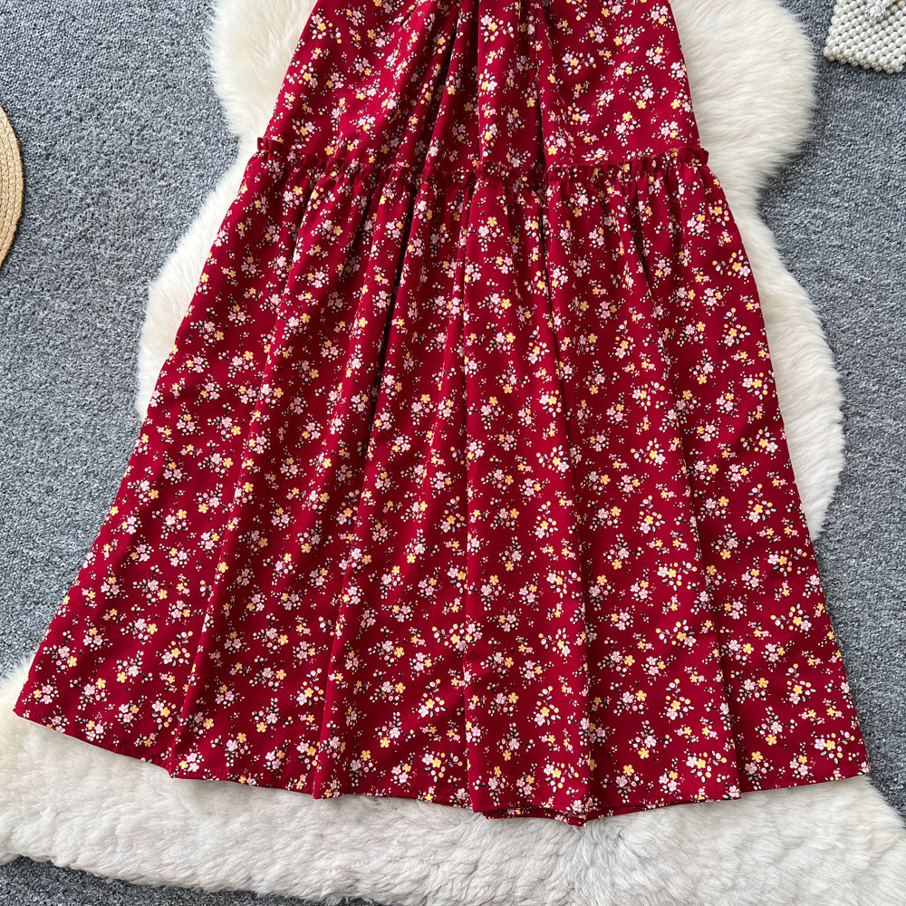 Women's French Sweet Style Square Neck Floral Dress Summer Korean Pleated Waist Tie A-Line Elegant Long Red Dress_ecoleips.com