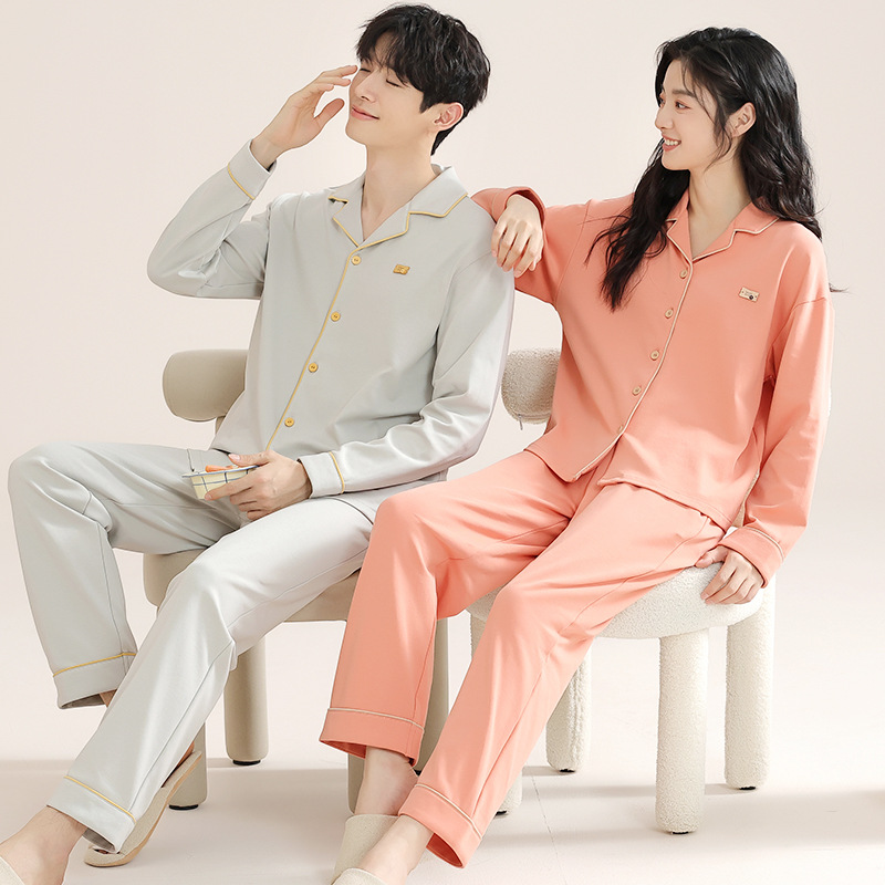 항균 통기성 순면 커플 잠옷 봄과 가을 긴 소매 바지 가디건 옷깃 플러스 사이즈 세트 남성 및 여성 홈 옷