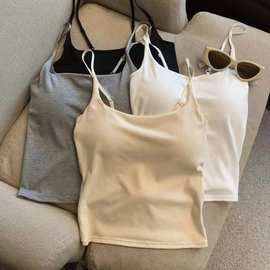 春夏纯色百搭人棉吊带背心女带胸垫一体式修身内搭外穿吊带裹胸女