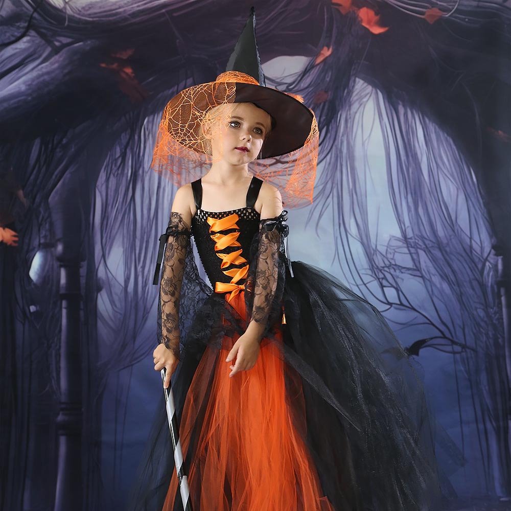 Halloween Niños Magos vestido vestido vestido de bruja Cosplay vestido de malla Tutu vestido de bruja