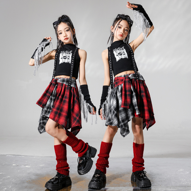 女童爵士舞服裝潮酷時髦露臍朋克風套裝hiphop女孩街舞潮服表演服