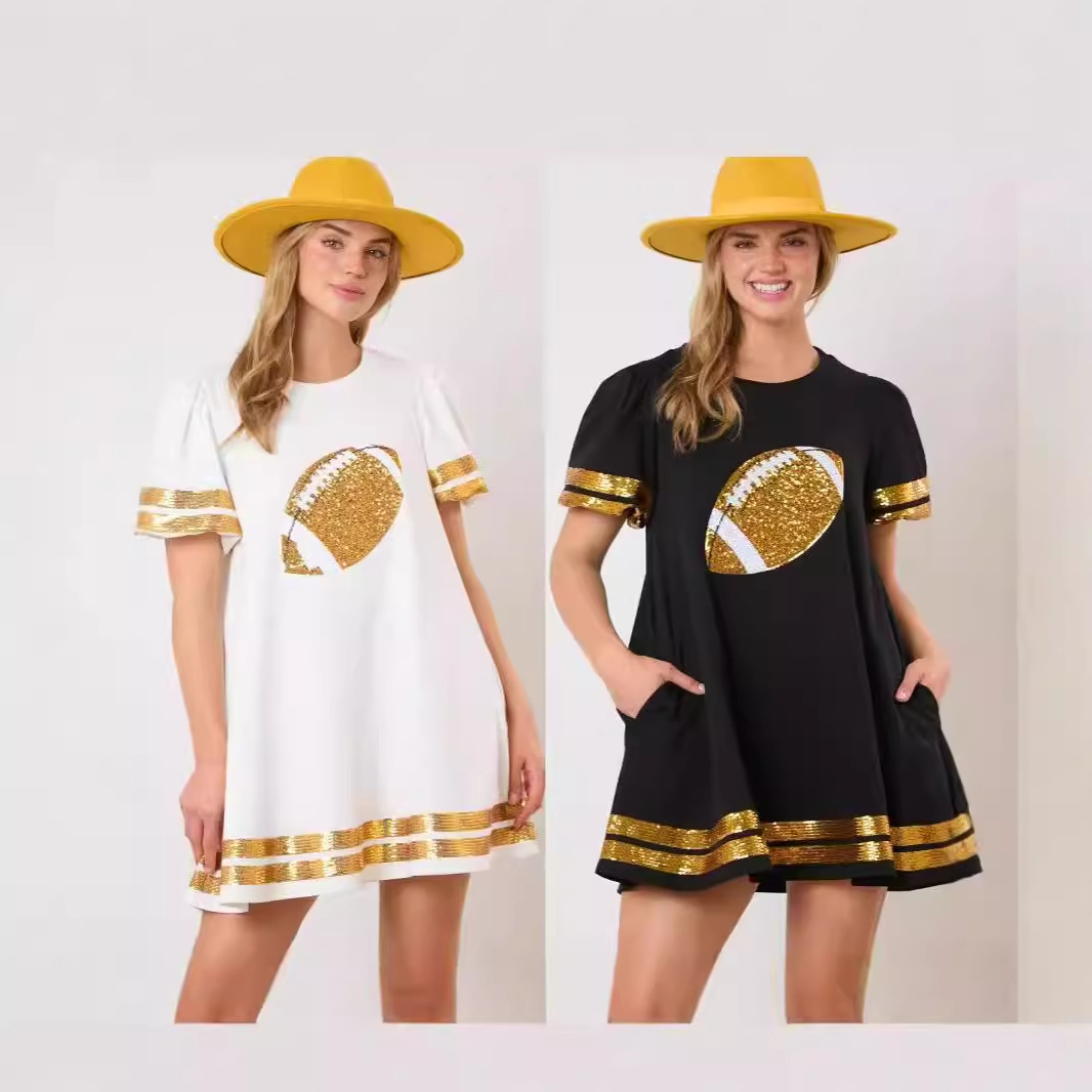 2026 New Cross-Border European and American Women's Clothing Amazon Game Day Rugby Sequined Short-Sleeve Dress