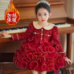 女童連衣裙2023秋冬新款兒童蛋糕蓬蓬裙女寶寶公主裙時髦加絨裙子