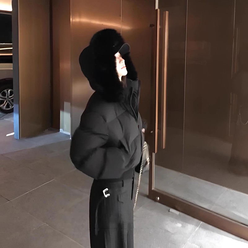 芬兰雪境韩里韩气学院风冬季毛领连帽收腰显瘦加厚短款棉服女|undefined