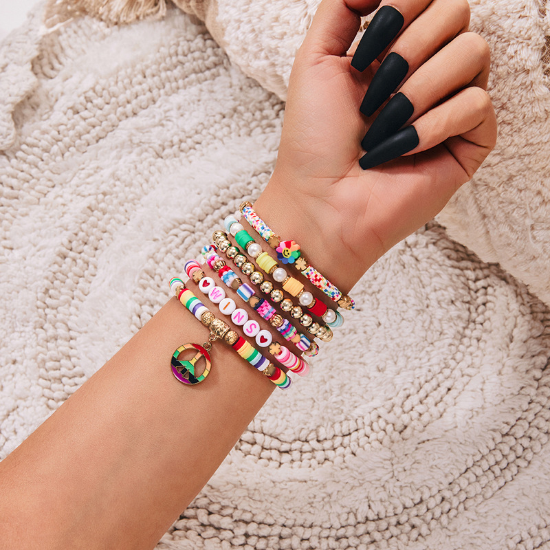 Pride Peace Sign Pendant Niche Jewelry Multi-Layered Colorful Letter Flower Heart Bracelet 6-Piece Set