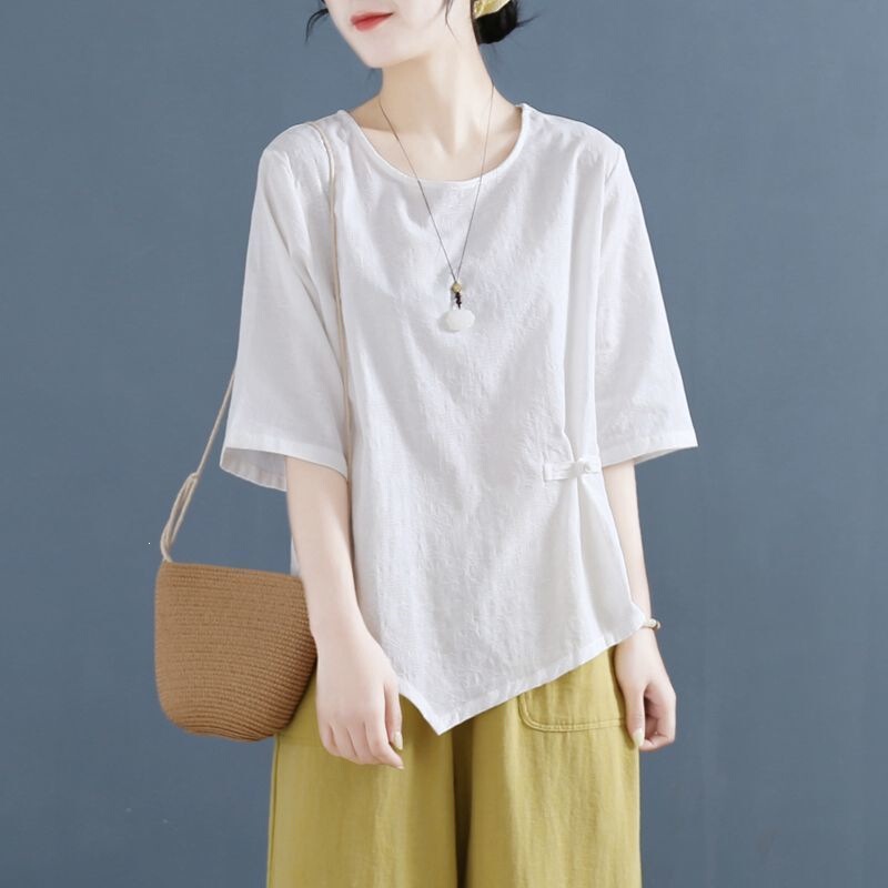 Cotton and Linen Tops for Women, Short-Sleeved T-Shirts, Summer Style, Buttoned, Pure Cotton Jacquard, Artistic Retro, Loose Fit, Slimming, Fashionable, Ethnic Style Cotton and Linen Tops for Women, Short-Sleeved T-Shirts, Summer Style, Buttoned, Pure Cotton Jacquard, Artistic Retro, Loose Fit, Slimming, Fashionable, Ethnic Style
