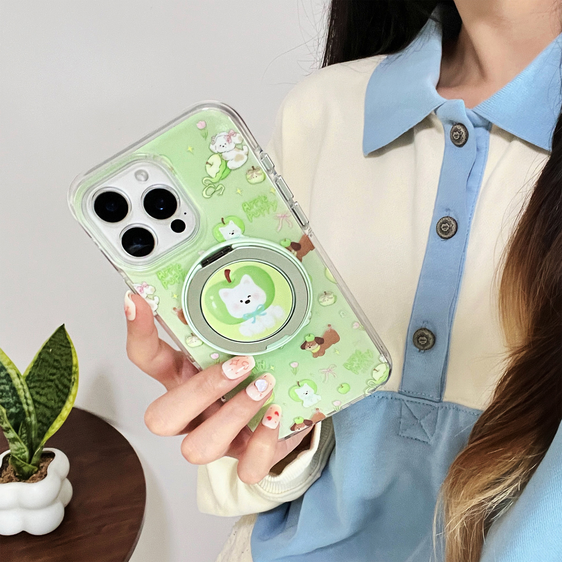 Soportes magnéticos de manzana verde 360 pequeños y frescos para iPhone15/16 funda para teléfono móvil 16ProMax femenino 14/13