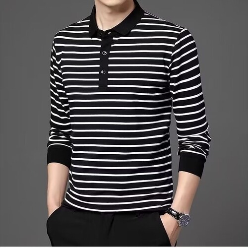 Men's Long Sleeve T-shirt Spring and Autumn Fashion Leading Base Polo Shirt Thin Striped Autumn Top