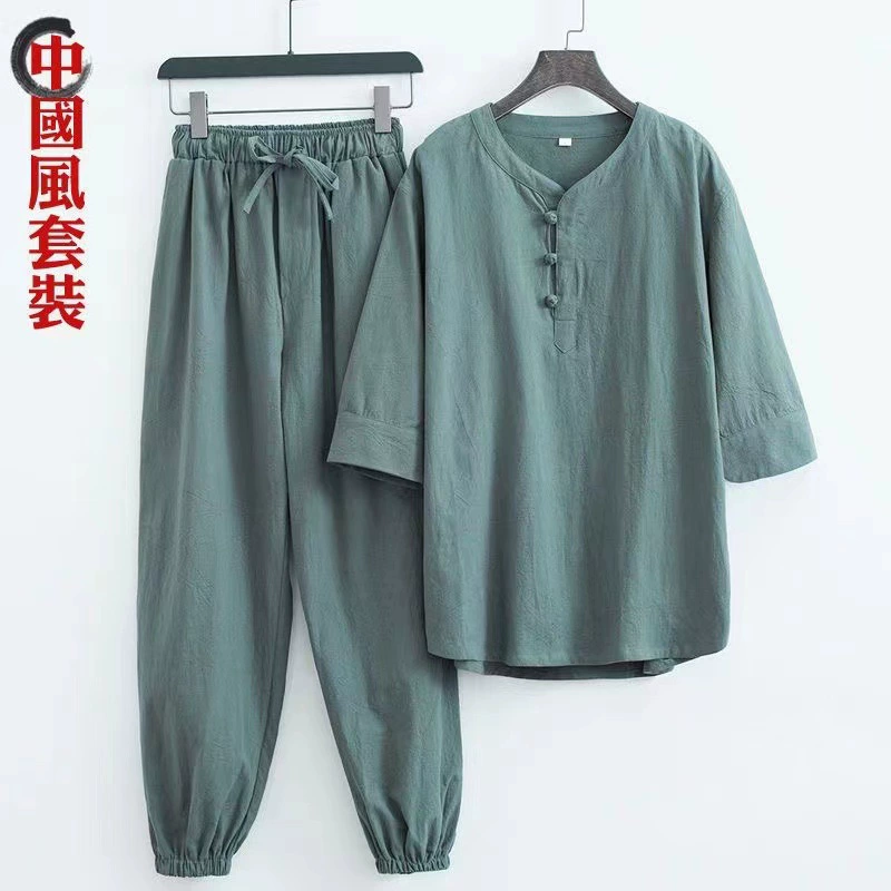 Летний льняной костюм в китайском стиле с короткими рукавами, мужской костюм Тан с пряжкой из пластин, костюм Ханфу Джуши, костюм из хлопка и льна в китайском стиле