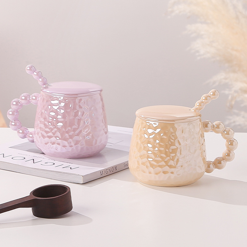 Light Luxury Style Ceramic Cup with Lid and Spoon, Household Couple's Mugs for Girls, Design-Sensitive Office Coffee Cups