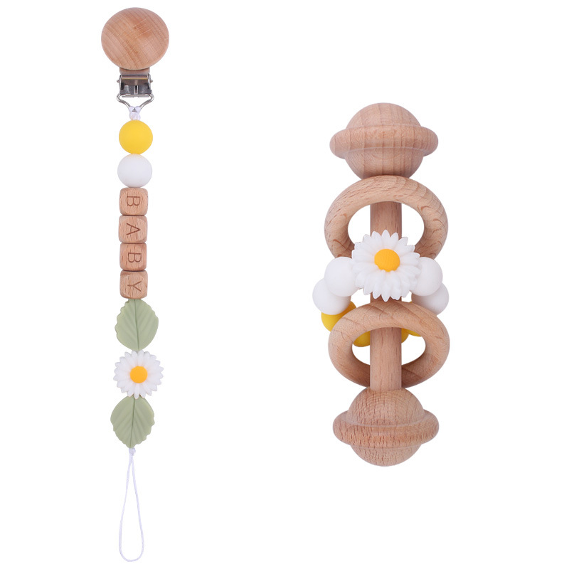 New Beech juguete para niños sonajero mordedor calmante bebé DIY Daisy cuentas de silicona Cadena de pezón conjunto de dos piezas