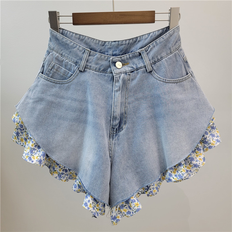 Pantalones Cortos de Mezclilla Anchos de Mezclilla con Empalme de Encaje y Lavado Desgastado
