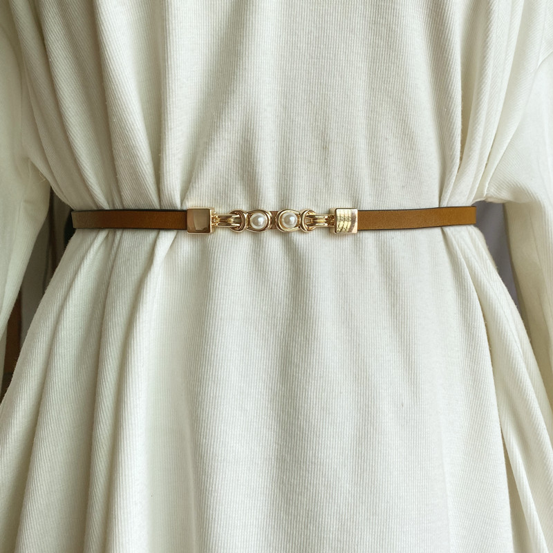 Dress Belt Women's Summer Decoration Pearl Tight Waist Fashion Thin Belt Genuine Leather Black Accessories Trendy Casual Waist Chain