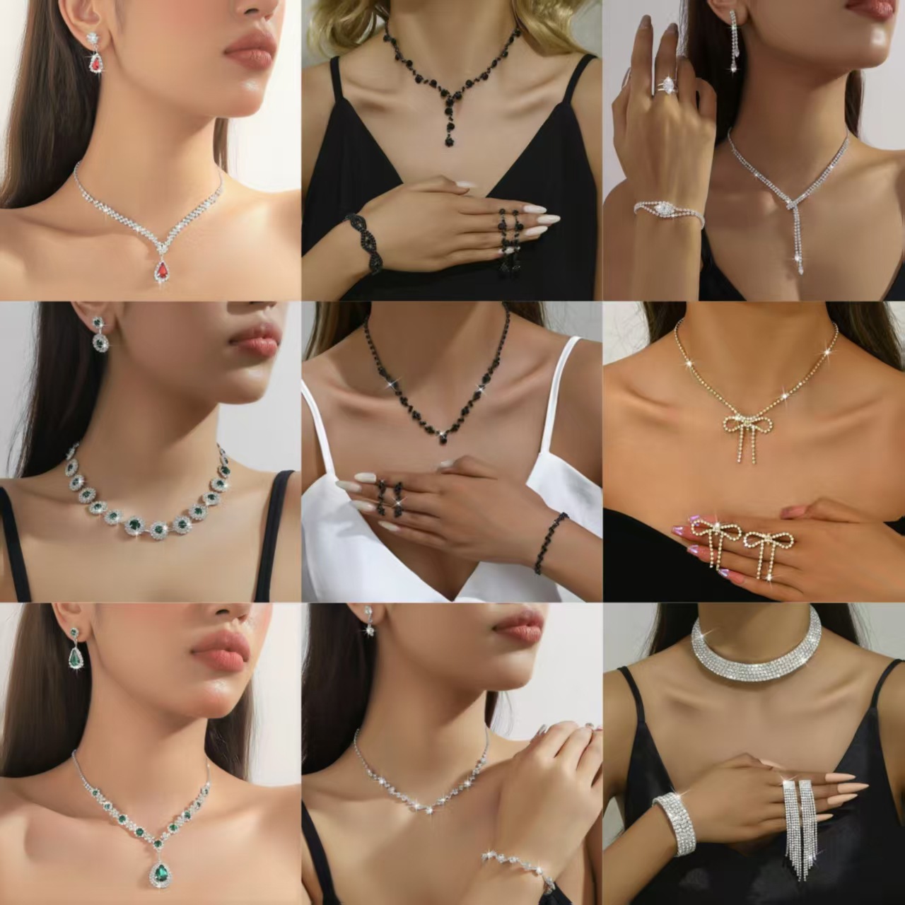 European and American Style Diamond-Encrusted Necklace, Bracelet, and Earrings Three-Piece Set, Wedding Fashion Clavicle Chain, Hot-Selling Light Luxury Jewelry Set
