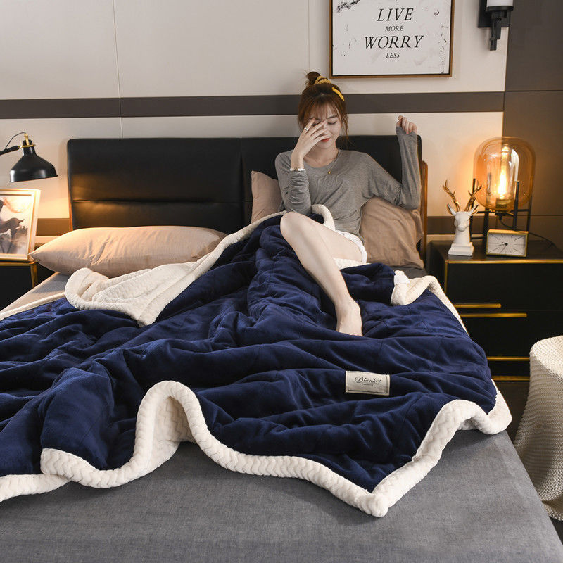 三层夹棉绒毛毯盖毯 加厚双拼法兰绒毯子 单人双人纯色盖被|ru