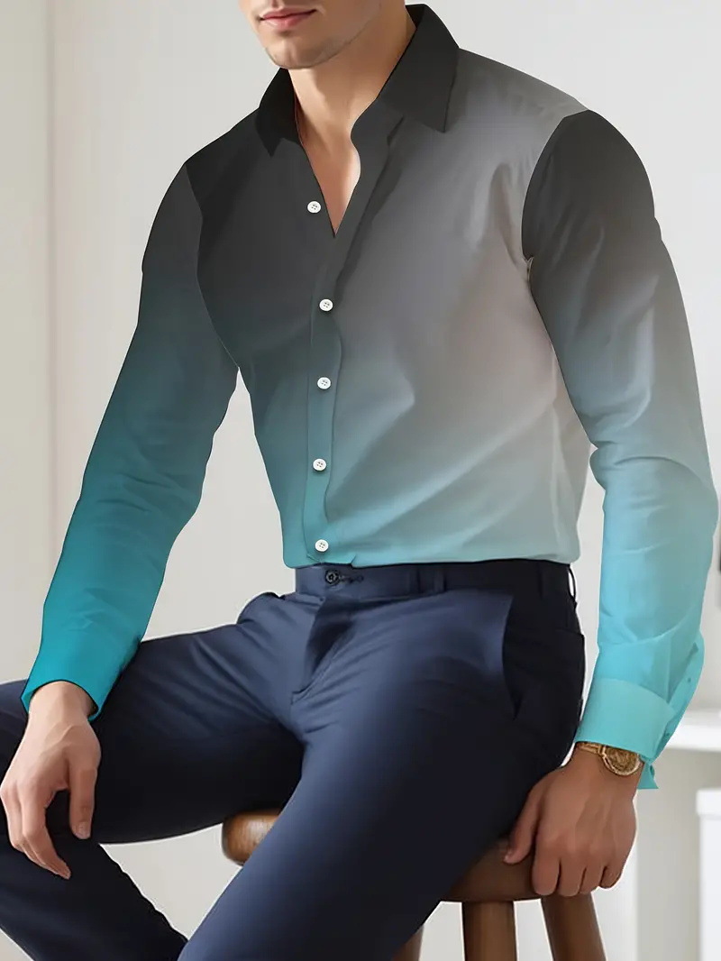 Hombres europeos y americanos 2024 nueva moda suelta degradada camisa de manga larga top se puede usar afuera MB12