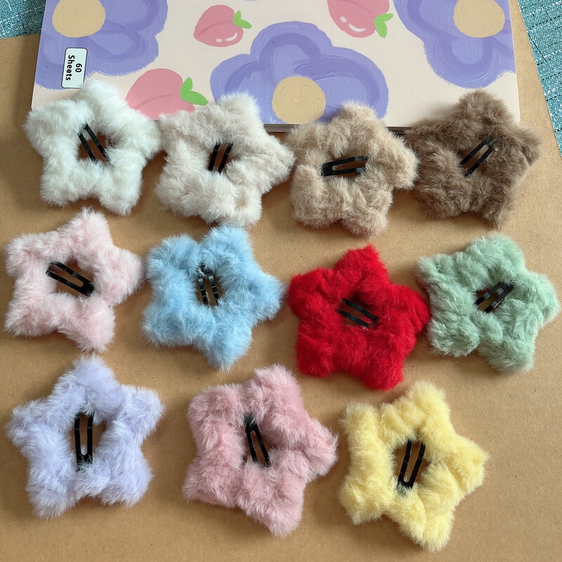 Plush Hollow Five-Pointed Star Bb Clip, Girly Heart Fluffy Cute Star Multi-Color Hairpin for Bangs, Internet Celebrity Hair Clip