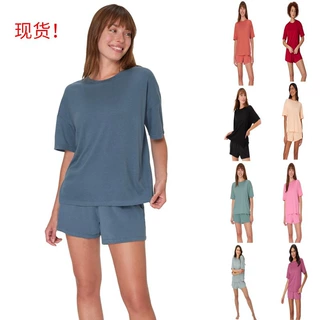 2025亚马逊夏季女性两件套休闲装舒适款超柔宽松T恤与短裤休闲套
