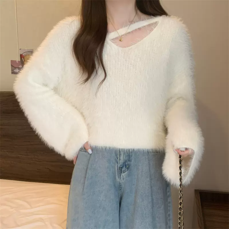 温柔风仿貂绒毛衣女秋冬新款宽松针织上衣慵懒风软糯挂脖内搭毛衣