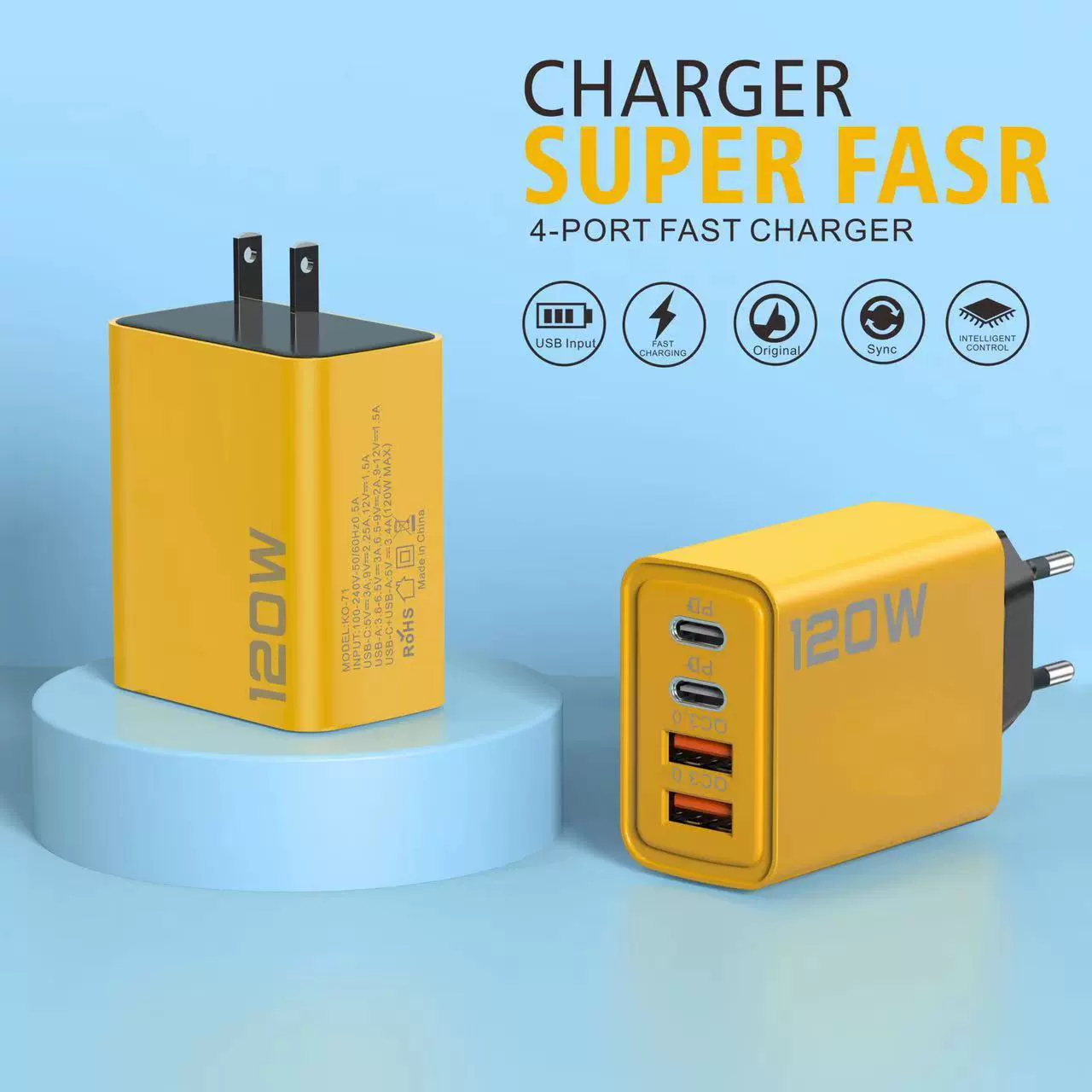 Зарядное устройство совместимо с Apple Huawei iPhone15, быстрая зарядка 120W на 4 порта, USB-C & USB-A