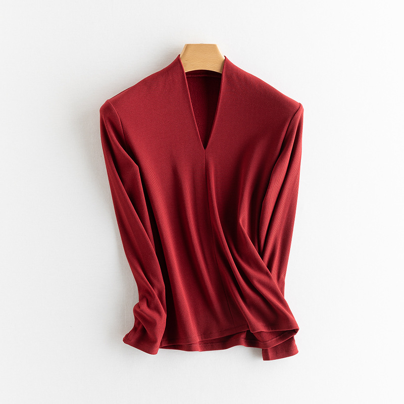 V넥 긴팔 바텀 셔츠 레드