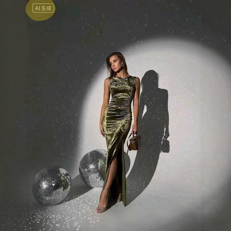 European and American Cross-Border Independent Website Influencer Nⅰsⅰ Same Style High-End Velvet Evening Dress Long Skirt with Slit in Stock Coat