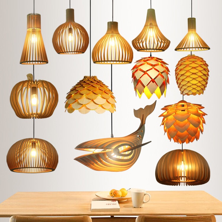 Nordic Creative Pinecone Lighting Southeast Asian Japanese Style Restaurant Bar Homestay Bamboo Wood Piece Whale-Shaped Pendant Light