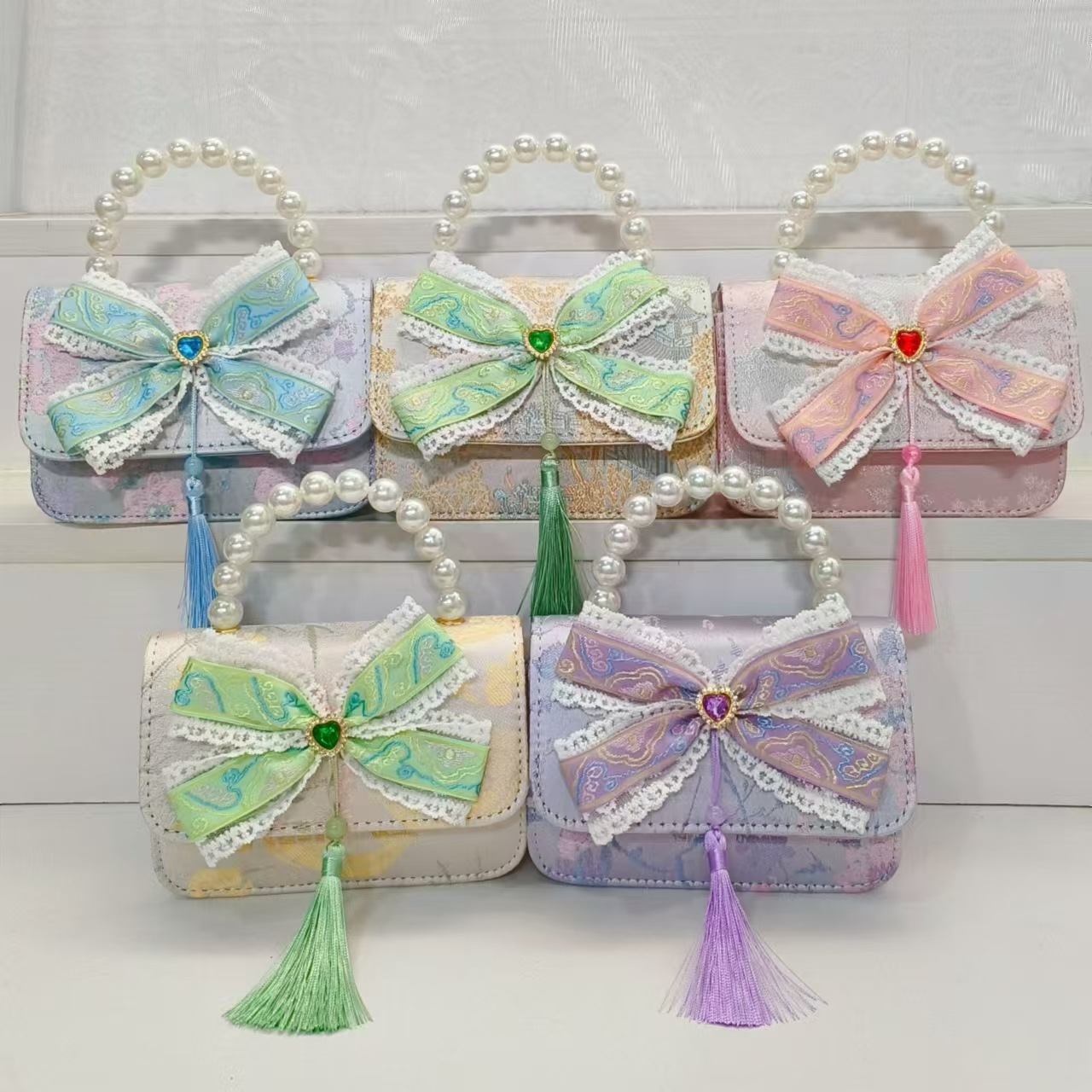 Guofeng arco princesa bolso de perla bolso de hombro bolso de cambio bolso pequeño bolso cuadrado bolso accesorios de ropa de niñas