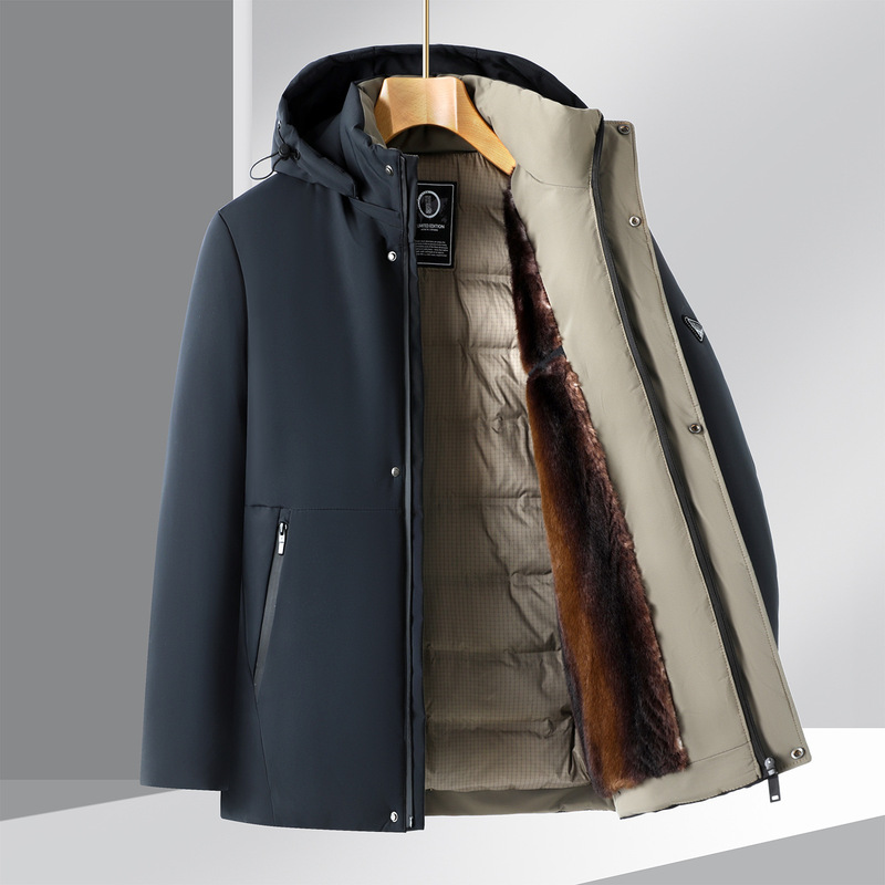 Carl White Duck down Winter Middle-Aged Men's down Jacket with Fleece Lining, Thickened Business Style with Detachable Hood, Dad's Coat