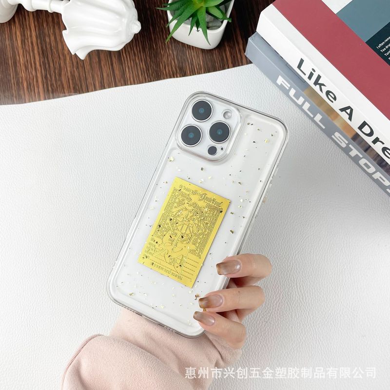 金箔フォーチュンテキスト iphone16Pro Apple 15promax/14/13 透明接着剤電話ケースに適しています|undefined