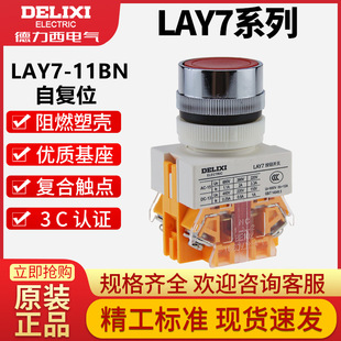 Delixi Lay7-11Bn Push Button Switch Self-Resetting Flat Head 1 Normally Open 1 Normally Closed 22mm Lay37 Red Green Yellow