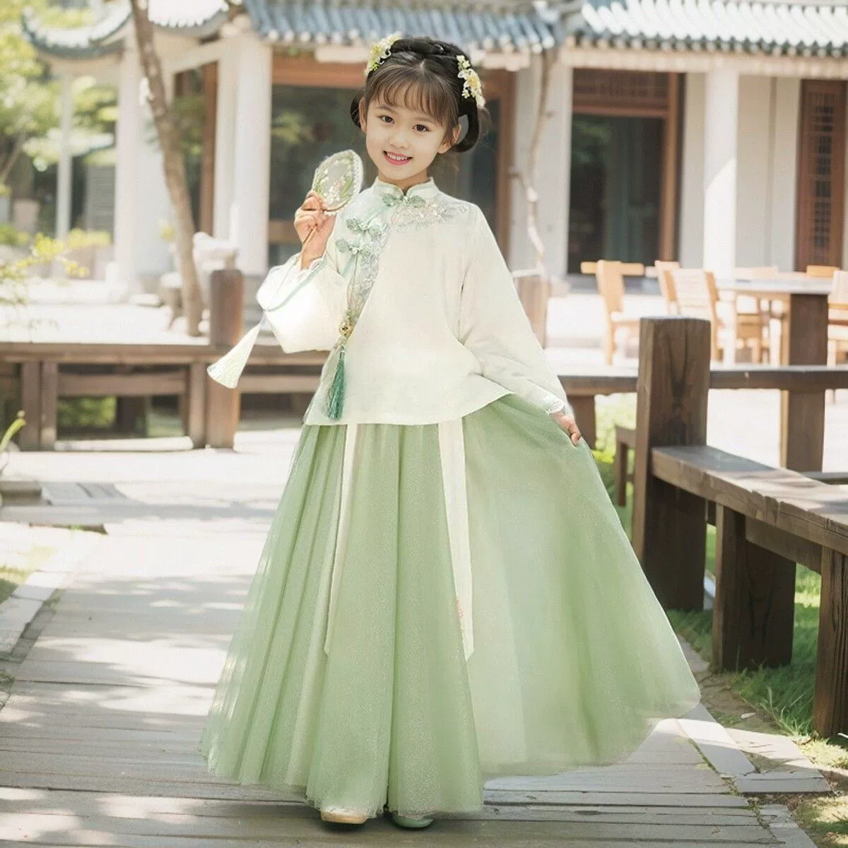Set, summer skirt, children's Hanfu, with embroidery, Chinese style