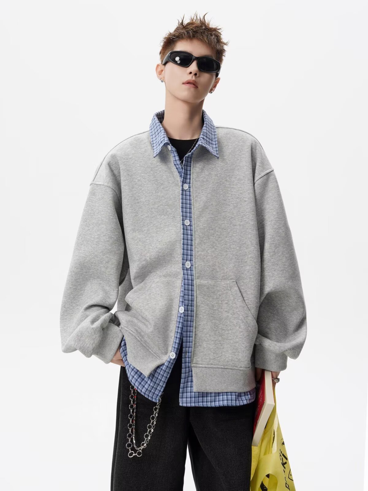 Cardigan con cappuccio uomo patchwork stile casual autunno_voghion.com