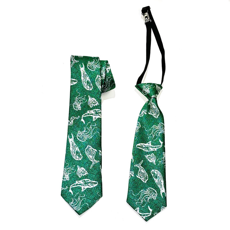 DIY Personalized Children's Tie, No Need to Tie, Short Style to Match Shirts, Hand-Tied Long Tie for Boys, Retro Green Jacquard with Ocean Animal Fish Design