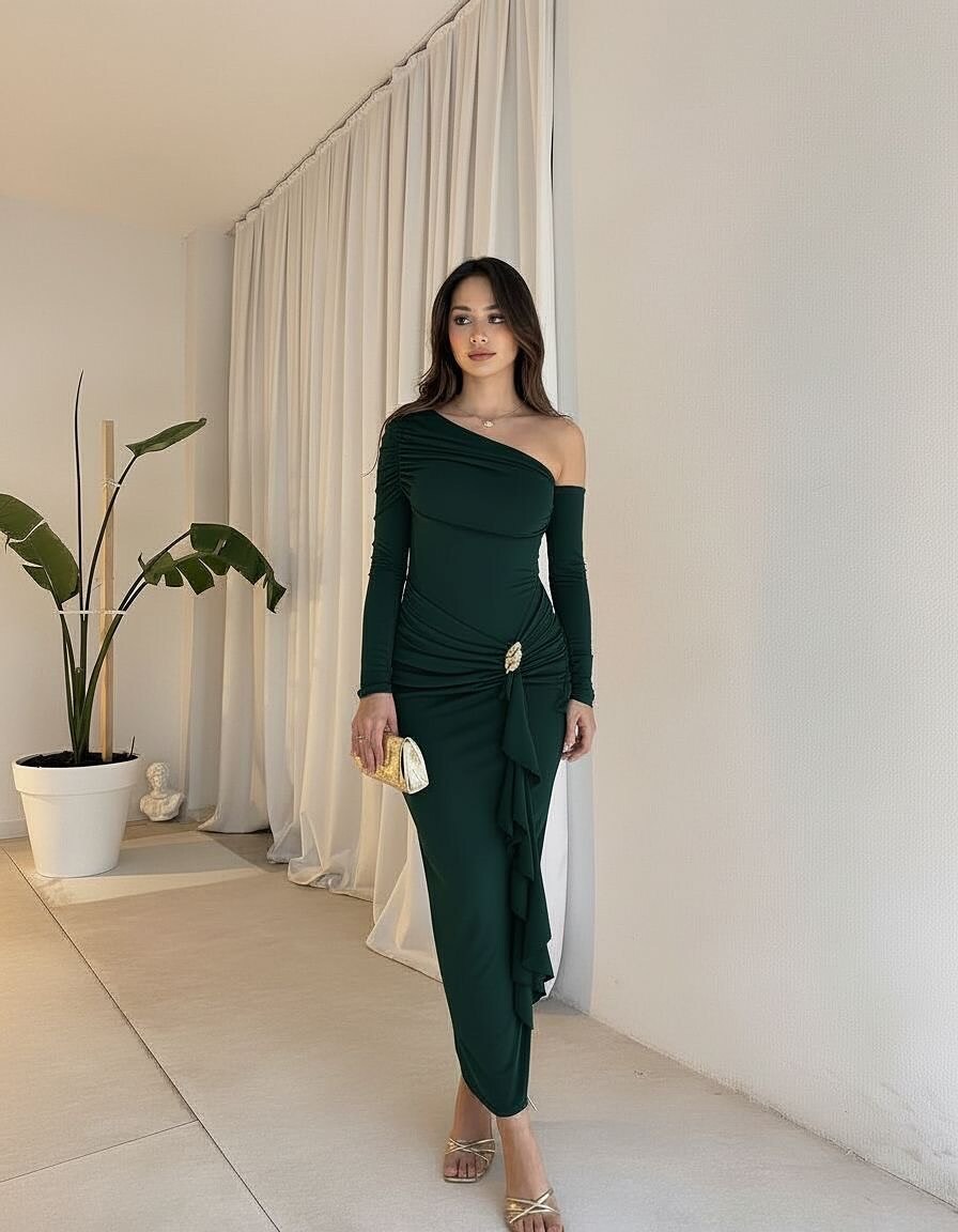 Women Asymmetrical One Shoulder Solid Color Long Sleeve High Waist Bodycon Sexy Hip Wrapped Ruched Party Evening Dress_ecoleips.com