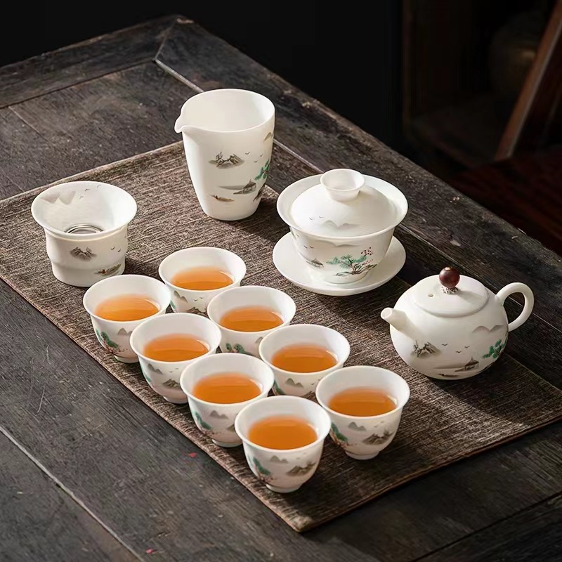 Su juego de té Blanco chino de cerámica Jiangshan hermoso color ovejas grasa Jade Kung Fu juego de té traje caja de regalo Dehua cerámica