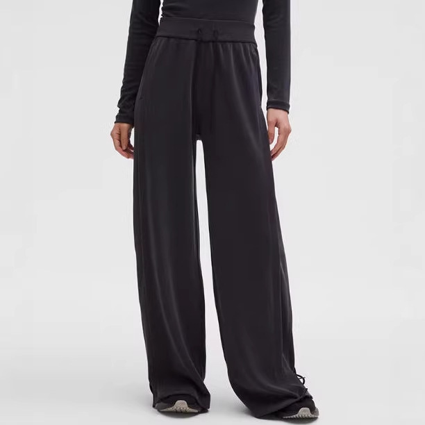 Soft Ribbed Patchwork Wide-Leg Pants with High Waist and Drawstring, Slimming Air Layer Drape, Slit Casual Pants, Sports Pants for Women Soft Ribbed Patchwork Wide-Leg Pants with High Waist and Drawstring, Slimming Air Layer Drape, Slit Casual Pants, Sports Pants for Women