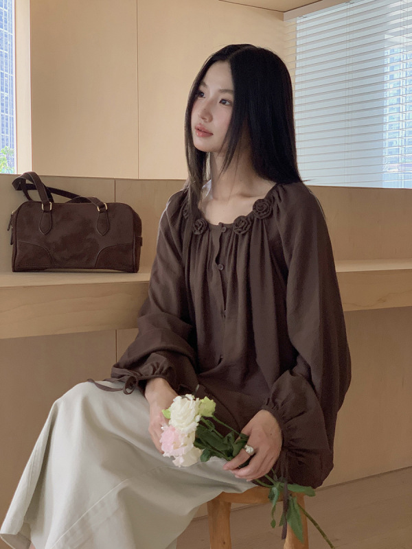 【松黎茶语】歌铭法式复古立体花朵长袖衬衣女秋季通勤上衣N454C|undefined