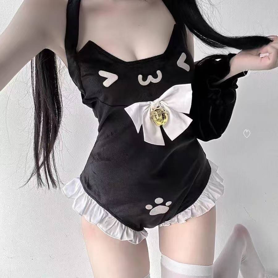 Cat Maid Roleplay Lingerie Jumpsuit, Halter Neck Velvet-look Nylon, One Size Black — detail image 4