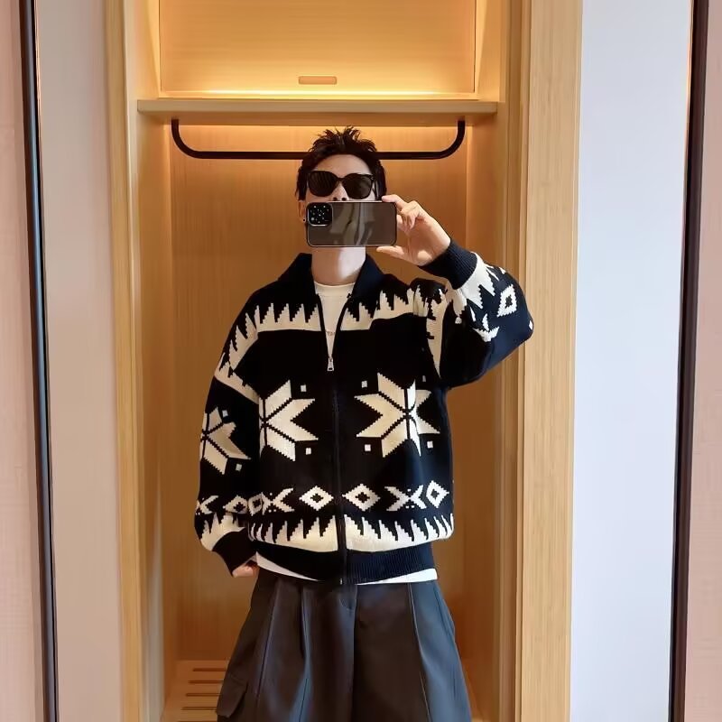 American Retro Knitted Sweater Jacket Men's Spring and Autumn Fashion Brand Street Jacquard Design Sense Loose Casual Cardigan Sweater