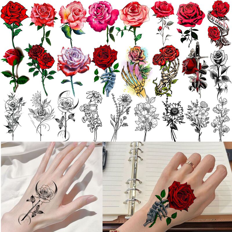 Creative Cross-Border Single Rose Temporary Tattoo Stickers for Back of Hand and Neck, Realistic Tattoo Stickers Temu European and American Tattoo