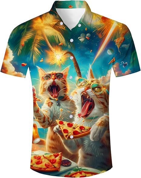 Venta caliente transfronteriza europea y americana, linda mascota gato estampado 3D, camisa hawaiana de manga corta con botones sueltos en la calle principal para hombres