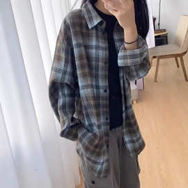 女装慵懒格子春秋季宽松中长款衬衣设计感长袖上衣polo领衬衫外套