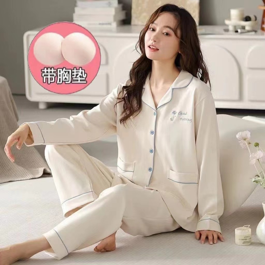 100% pijamas de algodón traje de mujer con almohadilla en el pecho Primavera y otoño pantalones de manga larga dulce simple de dibujos animados prendas de vestir exteriores homewear