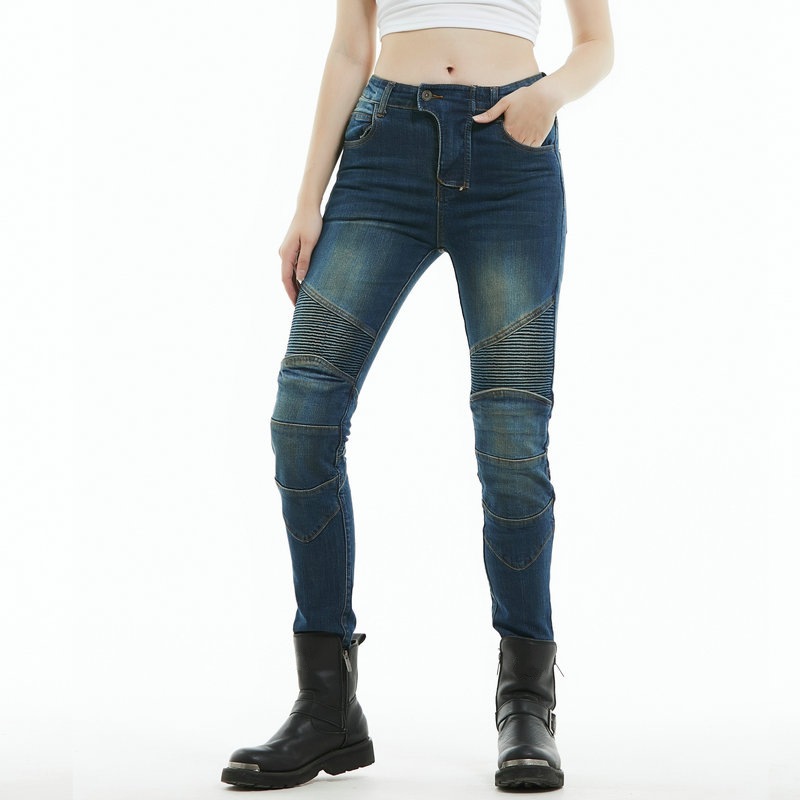 Pantalones vaqueros de la motocicleta de las mujeres retro angustiado casual motocicleta pantalones de montar Caballero de las mujeres estiramiento pantalones anti-caída 114-3