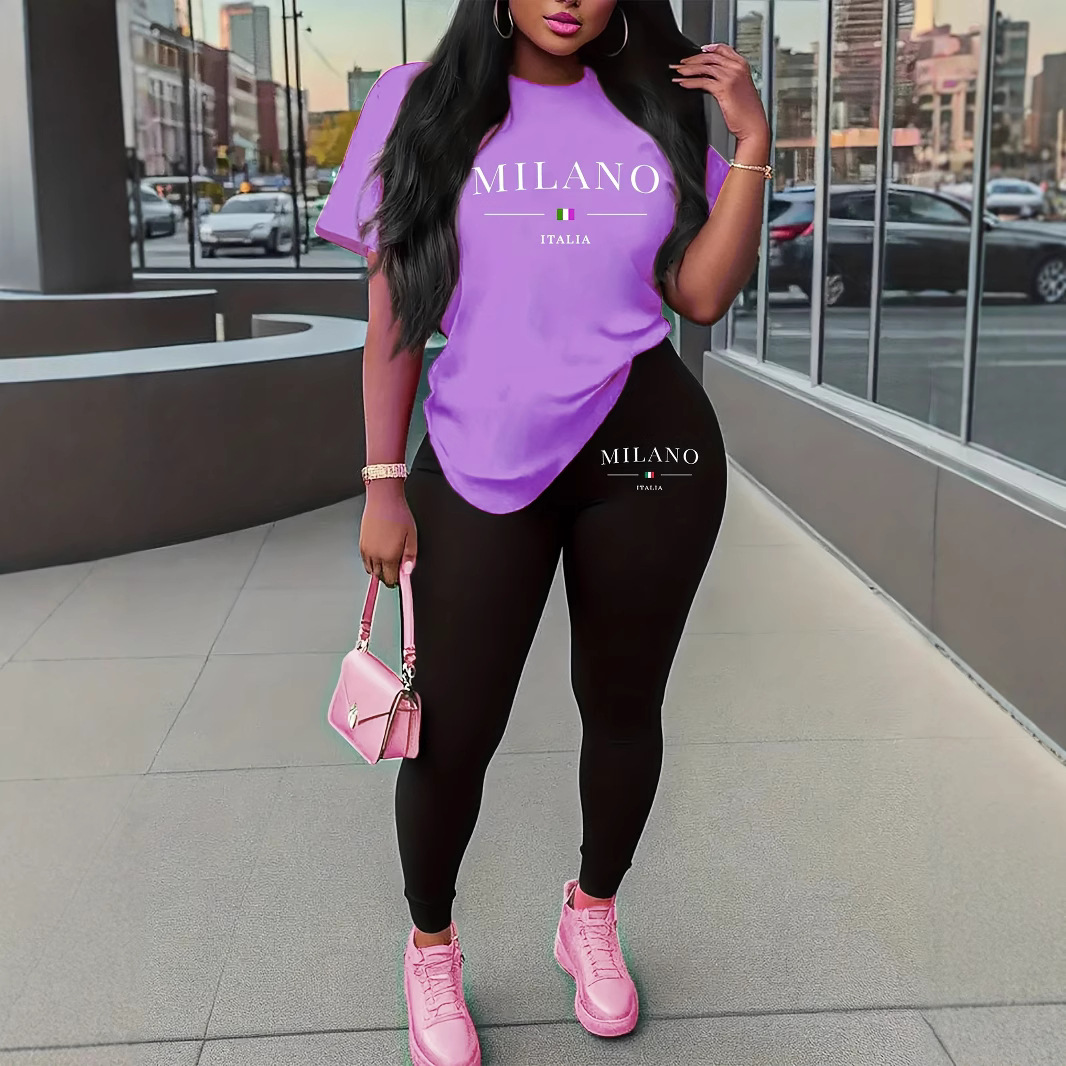 Women's Clothing Summer Sports Set Plus Size Women's Casual 2 Piece Short Sleeve Pink Italian Print Stretch_ecoleips.com