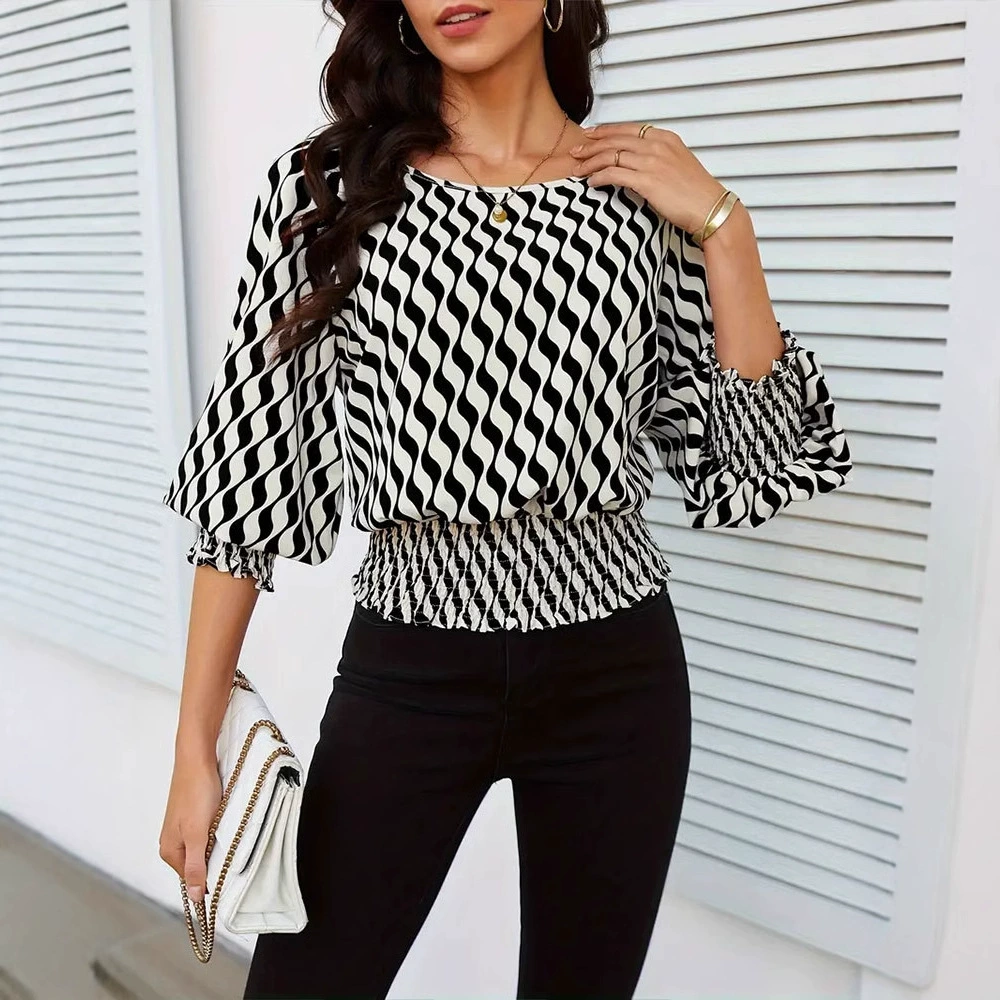 Трансграничная 2024 весенняя женская одежда фонарь рукава блузка женская талия короткая контрастная печать с длинными рукавами футболка женская